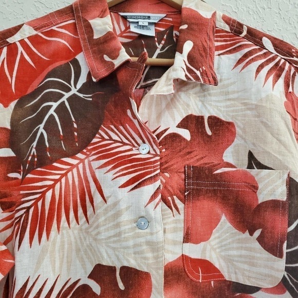 Vintage 90's Stonebridge Linen Blend Red Tropical Button Up Blouse Size Large - Picture 2 of 9